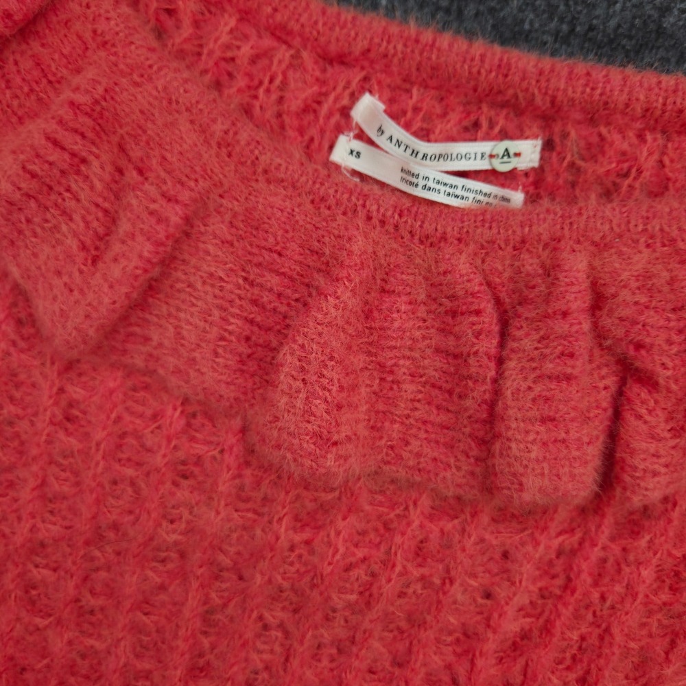 Anthropologie Ruffle Sweater Womens XS Pink Wool Blend Slim Fit Waffle Knit NWT